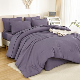 Litanika King Size Comforter Set Grey Purple - 7 Pieces Bed in a Bag King Bedding Comforter Sets, Solid Lightweight Bed Set with Comforter, Sheets, Pillowcases & Shams