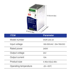 DynMach WDR-240-24 240W 24V 10A High Efficiency AC-DC Switching Power Supply - Wide Input Voltage, for Industrial Automation and Electronic Equipment