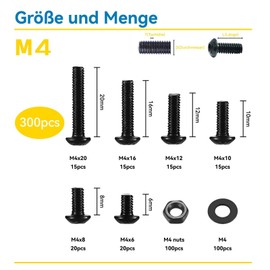 WZHUIDA 300-Piece M4 Screws Set, Allen Screws and Nuts and Washers Assorted Set, Black Rounded Head Screws Thread Screws Set with Allen Keys