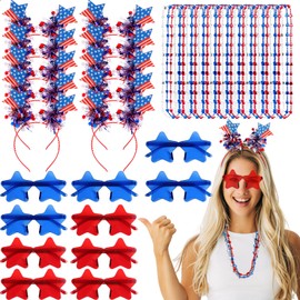 Solsew 50 Pcs Patriotic Party Accessories 4th of July Independence Day Hair Ornaments, Star Sunglasses and Necklace Red White Blue Party Favors and Memorial Day Supplies(Bright Color,Bright)