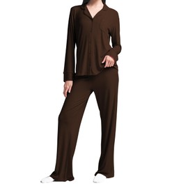 MANBEIYA Womens Pajama Sets 2 Piece Button Down Long Sleeve Sleepwear Pjs Loungewear Sets (Large,Brown)