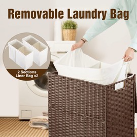 GREENSTELL Laundry Hamper with lid, No Install Needed, 110L Wicker Laundry Baskets Foldable 2 Removable Liner Bags, 2 Section Clothes Hamper Handwoven Rattan Laundry Basket with Handles, Brown