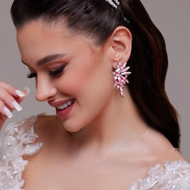 Sanfenly Pink Clip On Earrings Women Dangle, Large Long Dangling Non Pierced Earrings Elegant Formal Big Bling Rhinestone Crystal Simulated Diamond Clip Earrings for Women Non Pierced Ears