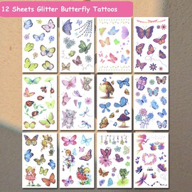 CHARLENT Glitter Butterfly Tattoos for Girls Women - 12 Sheets Glitter Butterfly Face Temporary Tattoos for Girls Party Favors Festival Makeup