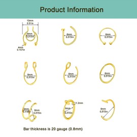 QXXPVV 9Pcs Fake Septum Nose Hoop Rings Stainless Steel Faux Piercing Fake Lip Ring Fake Helix Earring Non Pierced Jewelry for Women Men(9pcs fake ring Gold)