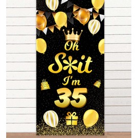 Oh S*it I’m 35 Happy 35th Birthday Banner Backdrop Crown Balloons Confetti Cheers to 35 Years Old Bday Theme Decorations Funny Birthday Decor for Women Men 35th Birthday Party Supplies Black and Gold