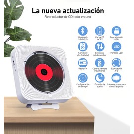 ECYWE CD Player Portátil Bluetooth,Reproductor de CD Montaje en Pared con Control Remoto,Cubierta contra el Polvo,Pantalla LCD,Altavoces HiFi Integrados,Radio FM,Soporte CD/MP3/USB/AUX,De Entrada