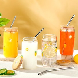 Meanplan 4 Pcs Lemon Icon Glass Cups Juice Tumbler with Lid and Stainless Straw Vintage Lemon Pattern Glassware for Tea Water Milk Coffee Party Gifts