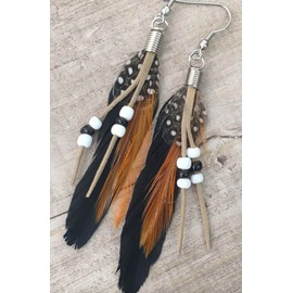 MIMIKRY Feather Earrings Suede Look Pearls for Indian and Hippie Jewellery Flower Power Boho Wild West Colour: Black