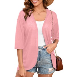 Heymoments Cardigan for Women Pink Small Draped 3/4 Sleeve Open-Front Lightweight Casual Soft Drape Summer Fall Kimonos Cardigans