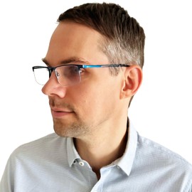 Mini Brille Anti Blue Light Glasses Metal Half Rim Bottom with Rectangular Lenses, Free Case, Stainless Steel Glasses Frame, Blue Light Filter Glasses Men and Women, blue