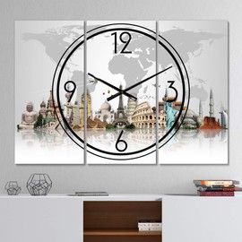 Designart Famous Monuments Across World Wall Art Design Modern 3 Panel Wall Decorative Clock - Home Decorations for Home, Living Room,Bedroom, Office Decoration Multi Panel Metal Wall Clock