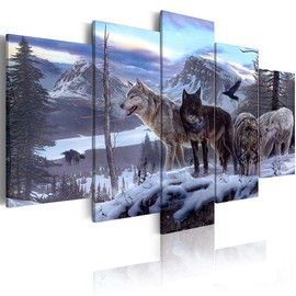 ArtHome520 Blue Winter Landscape Canvas Print Painting Animal Wolf Picture Home Decor Wall Art Living Dining Room Artwork Modern Framed 5 Panel (12''x18''x2+12''x24''x2+12''x36''x1)