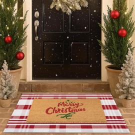 Christmas Door Mat Combo Set - 100% Coco Coir Welcome Mat + 28 x 43 Inch Red and White Diagonal Plaid Rug, New Year Holiday Christmas Collection Doormat for Front Porch Entryway Decorative