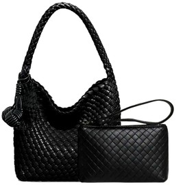 DSGUTWO Woven Top Handle Handbag for Women, Small Hobo Bag with Mini Purse, Travel Beach Tote, Designer Handmade Shoulder Bucket Bag (Black), Black