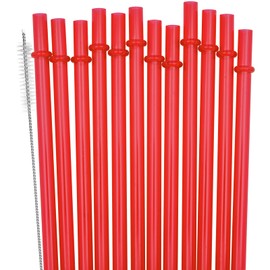 SUNDEE Reusable Plastic Straws Fit for Mason Jars, Tumblers, Long Rainbow Colored Unbreakable Drinking Straws, BPA Free and Eco Friendly, Set of 12 Pcs Straws with Cleaning Brush - Red