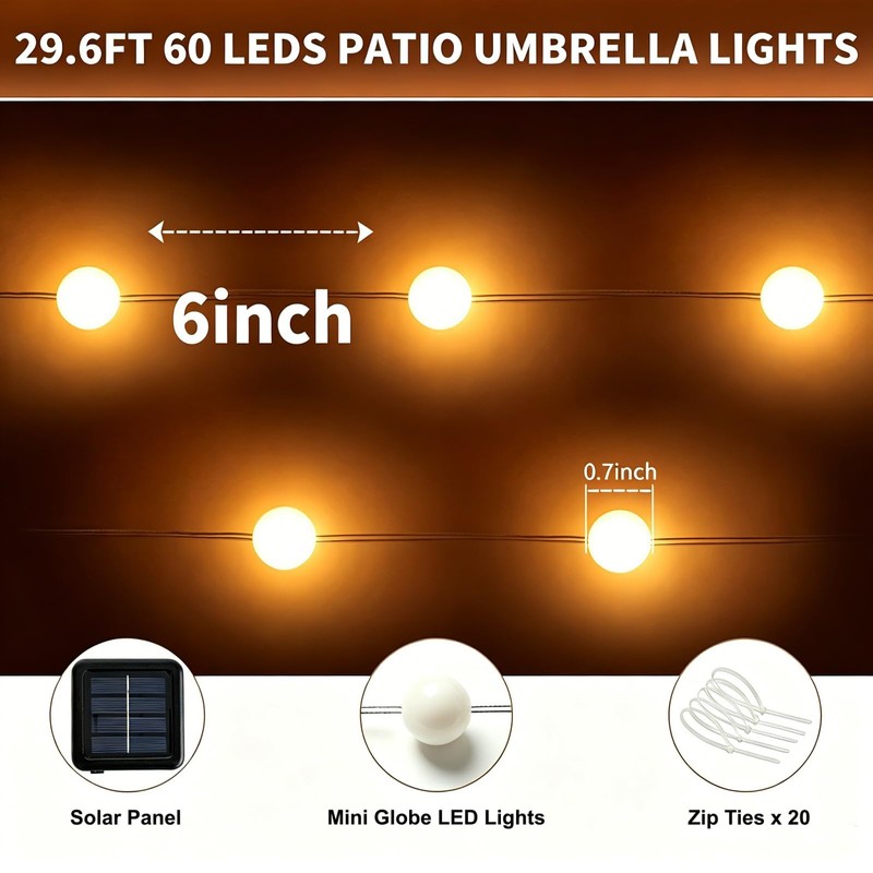 Patioman LED String Lights for Patio Umbrella - 60 Shatterproof