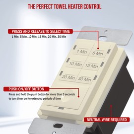 ENERLITES 30-Minute Countdown Timer Switch, 1-5-10-15-20-30 Min, for Bathroom Fans, Heaters, Lights, LED Indicator, 120VAC 800W, Neutral Wire Required, UL Listed, HET06A-R-LA, Light Almond