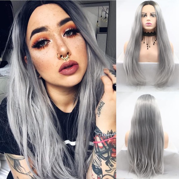 XIWEYA Grey Long Hair Dark Root Natural Straight Lace Front Heat Resistant Glueless Synthetic Hair Wig for Women Cosplay Party 180 Density Soft 24"