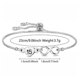 HEYEJET Birthday Gifts for 15 Years Old Girl Silver Infinity Heart Bracelet for Girls 15 Lucky Number Birthday Presents for Her Adjustable Teenis Chain Bracelet for Girl (15th gifts)