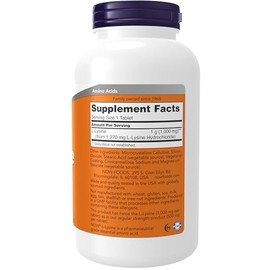 NOW Suplementos, L-lisina (clorhidrato de L-lisina) 1000 mg, doble potencia, aminoácido, 250 comprimidos