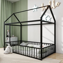 Acosure Twin Size Metal Roof,Low Floor Beds Frame,w/Fence,for Kids Teens Girls Boys Bedroom,Can Be Decorated,Box Spring Required,Black