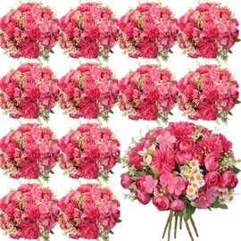 Tigeen 12 Bundles Peonies Artificial Flowers Faux Roses Silk Flowers Hydrangea Artificial Bouquet for Wedding Table Centerpiece Floral Vase Home Office Bridal Decor (Rose Pink)