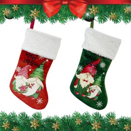 BRTNUP Christmas Stocking Set of 2 Red Green Xmas Stocking with Soft Plush Cuff Gnome Stocking Hanging Christmas Ornaments for Tree Fireplace Decoration