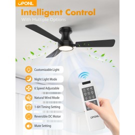 OPONL 42 Inch Black Ceiling Fan with Light with Remote Control, Large Air Volume, modern ceiling fan with light for Bedroom Kitchen Dining room Patio