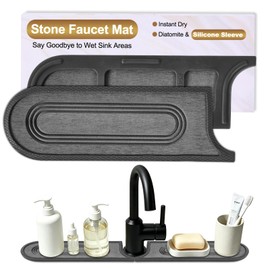 KitchifyMaers Faucet Mat for Kitchen Sink with Airflow Silicone Sleeve, Instant-Dry Diatomaceous Stone Sink Protector Tray Around Faucet for Kitchen, Bathroom, RV (Black Circle, 23.2" x 3.9" x 0.47")