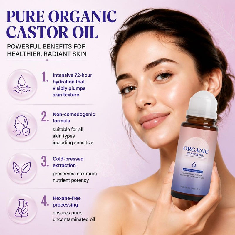 Organic Castor Oil Roll On Cold Pressed for Face,Hair,Brows, 1.7