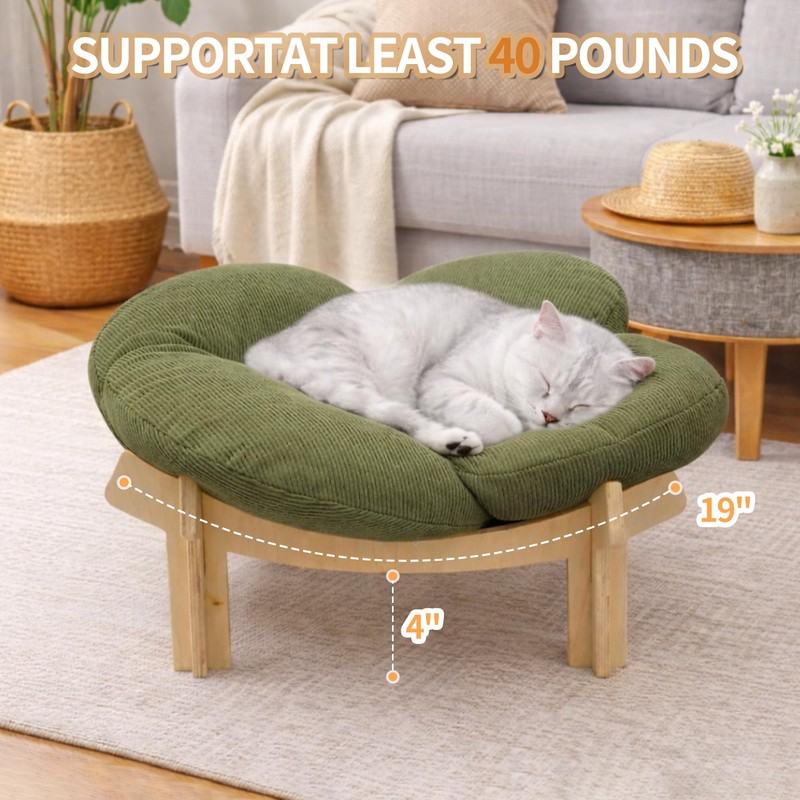 SJHX-ZYH Elevated Wooden Cat Bed with Fluffy Removable Cushion, Modern
