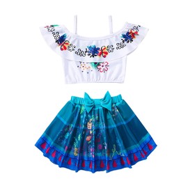 ATIMIGO Traje de baño Mirabel de dos piezas con volantes para niñas pequeñas, Azul / Patchwork, 7-8 Años