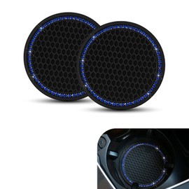 Polcatay Car Cup Holder Coaster, Sparkling Rhinestone Border Decorative Non-Slip Honeycomb Drink Mat, 2.75" Thickened Silicone Round Insulated Waterproof Coaster, for Most Cars (Blue & Black)