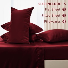 CozyLux Satin Sheets Full Size - 6 Piece Burgundy Bed Sheet Set with Silky Microfiber, 1 Deep Pocket Fitted Sheet, 1 Flat Sheet, and 4 Pillowcases - Smooth and Soft