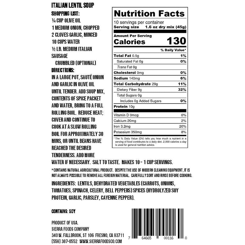 Sierra Soups Italian Lentil, 16-Ounce Bags (Pack of 6)