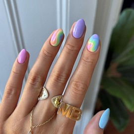 24Pcs Fake Nails Colorful Press on Nails Short Almond Nails Press Ons Purple Blue Pink Gradient False Nail Glossy Full Cover Stick on Nail Reusable DIY Glue on Nail for Women and Girls