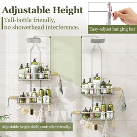 Skyapex Shower Caddy Hanging: Adjustable Height, Rustproof Shelves with Hooks, 2 Soap Holders - Silver Shower Organizer Over Showerhead