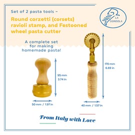 La Gondola Set of 2 Pasta Tools - Round Corzetti (Corsets) 50mm Ravioli Stamp & Pasta Cutter Festooned Wheel | Brass & Natural Wood | Easy to Use Pasta Cutting Tools | Ravioli Cutters Made in Italy