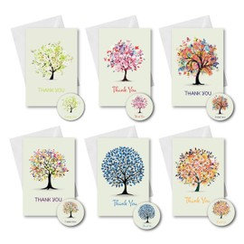 Simply Gifted Thank You Cards Multipack of 24 with Envelopes & Matching Thank You Stickers -6 Tree Designs 10x15cm Blank Inside No-Smudge Writing -Thankyou Cards for Teachers Weddings Kids -Made in UK