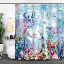 ZCHOMI Blue Ocean Coastal Shower Curtain Turtle Octopus Jellyfish Fish Coral Summer Beach Shower Curtains for Bathroom Waterproof Polyester Fabric Bath Curtain 72 x 72 Inch with 12 Hooks