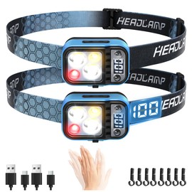 DARKDAWN 5 Modes Head Light Flashlight,Headlamp Rechargeable LED, USB C Headband Flashlight with Motion Sensor，Digital Power Display，Up/Down Adjustable, for Camping, Car Repairing, 2PCS Pack