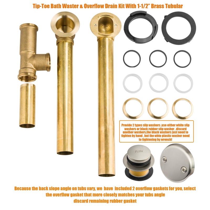 Artiwell 1.5" Brass Tubular Bath Drain Kit - Touch-Toe Bathtub
