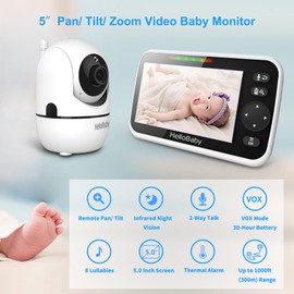 HelloBaby HelloBaby Upgrade Baby Monitor, 5'' Screen with 30-Hour Battery, Pan-Tilt-Zoom Video Baby Monitor with Camera and Audio No WiFi, Night Vision, VOX, 2-Way Talk, 8 Lullabies and 1000ft Range