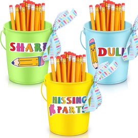 3 Set Pencil Buckets for Classroom Include 3 Colorful Metal Pencil Holders with 10 Pencils and 1 Ribbon for Teacher Classroom Supplies