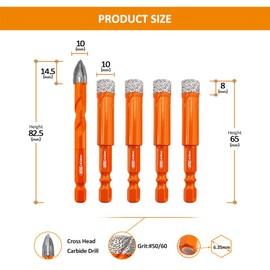 BGTEC Diamond Drill Bits Set Core Drill bit with Quick Change Hex Shank, 5pcs 3/8"*4 Tile Drill Bit+3/8" Carbide Drill Bit for Ceramic Tile Porcelain Tile Marble Granite