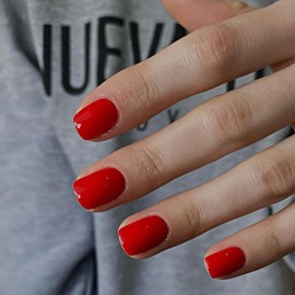 SXVME Light Red Press on Nails Short Square Classic Gel Fake Nails Press ons Natural Glue on Nails Short Coffin Christmas Glossy Solid Color Acrylic Nails Reusable Stick on Nails for Women 24 Pcs