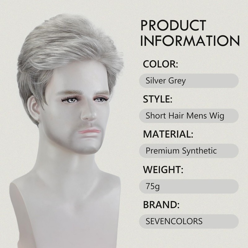 Mens Short Grey Silver Wigs Layered Natural Hair Costume Halloween