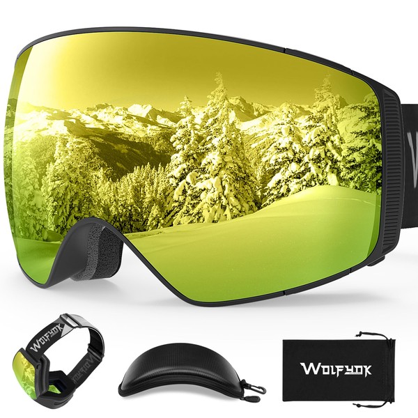 wolfyok outdoors (Industry's First 240° Wide Field of View) Ski Goggles, Double Layer Magnetic Lens, Detachable Lenses, UV Protection Glasses, Anti-Fog, 240° Wide View, Spherical Surface, Double Lenses, Snow Goggles, Snowboard Goggles, Glasses, All Weath