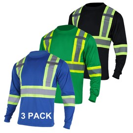 FONIRRA High Visibility Shirts for Men 3 Pack Reflective ANSI Class 2 Hi Vis Safety Construction Work T Shirt Long Sleeves
